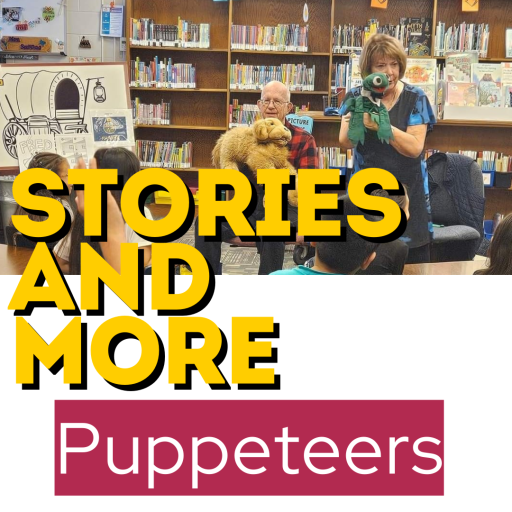 Image highlight the grouped segment of Natalee and Jim Ganyon collection of 100 stories and over 80 puppets, plus a selection of misc. topics and an year of topics (featuring one per month) Inviting you. You are encouraged to hire this amazing couple to perform an interactive puppet or storytelling topic, or reenactment from Natalee and Jim Ganyon at Stories and More extensive list of topic, programs and shows.